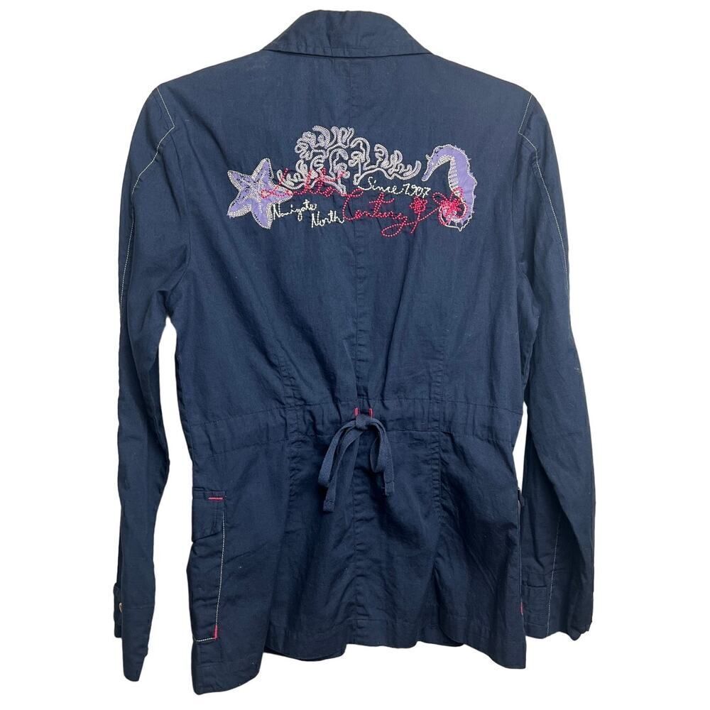 Luhta Navy Button Down Shirt Jacket with Embroidery on Back Women's Sz. 8